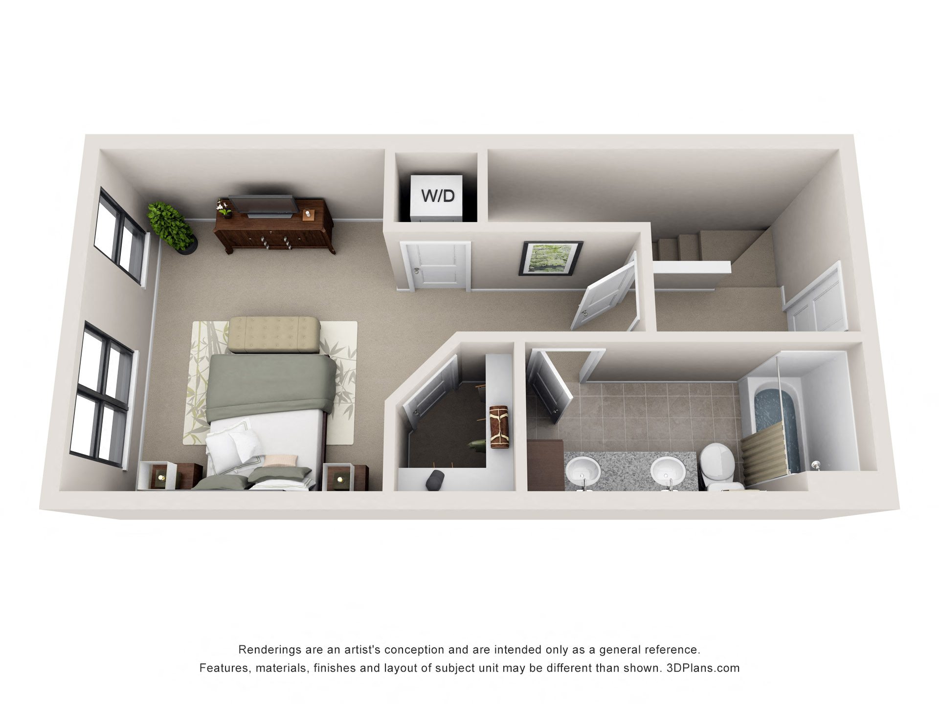 Floor plan for 1 bed, 1.5 baths, 872 sqft